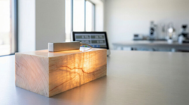 Ochroma pyramidale transparent wood composite tested using technical digital densitometer in bright sustainable architecture material lab macro