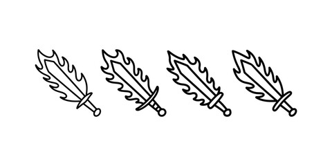 Obraz premium Four stylized flaming sword icons with ornate designs, representing power or fantasy, vector illustration