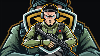 Obraz premium Character holding a gun in a graphic design set against a dark background with a large shield logo