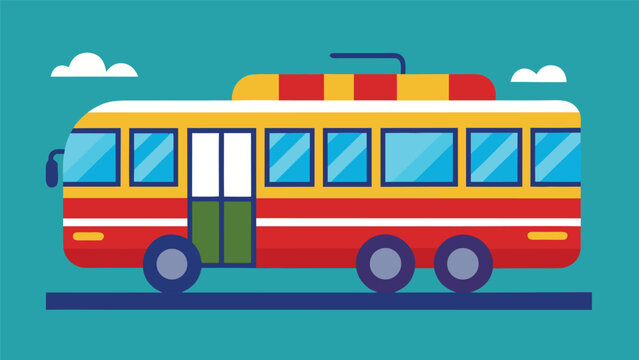 City bus design with bright colors and simple shapes seen against a blue background during daylight