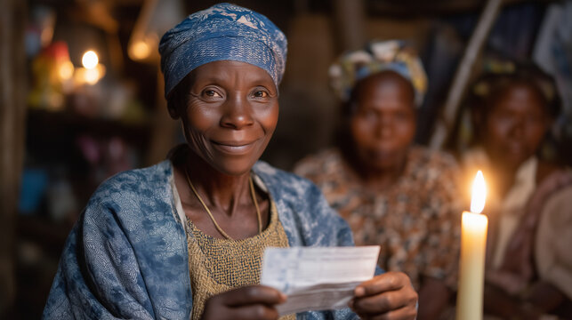 Woman in modest clothing receives small cash loan from community leader in simple room, receipt book open, other women waiting in background, candlelit atmosphere, ideal for grassroots banking and m