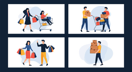 Fototapeta premium Diverse people shopping for groceries and clothes with bags and overflowing shopping carts shown in four different layout scenes.