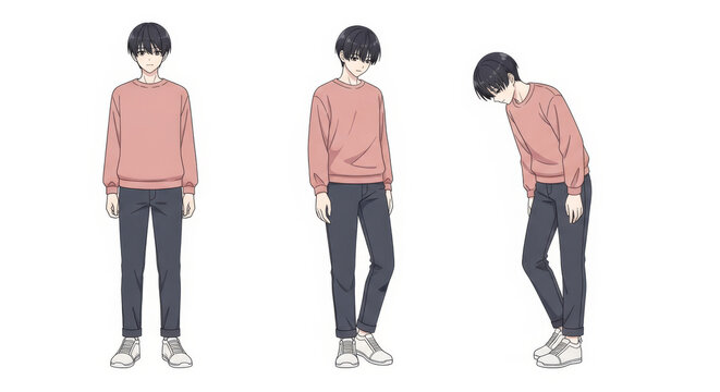 Anime character posing in three different positions, showcasing the front-facing, three-quarter, and bent-over perspective on a simple white backdrop.