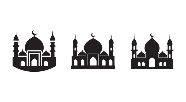 Islamic mosque architecture silhouettes  various traditional building designs  crescent moon on domes  minarets and arches  religious cultural symbols