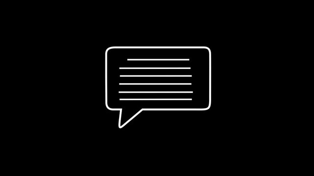 White outline of a speech bubble with horizontal lines on a black background chat message