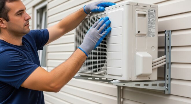 A man in a blue shirt and gloves installing an air conditioning unit on the side of a house