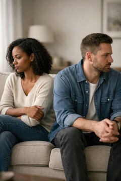 Upset couple sitting back to back on sofa avoiding eye contact after argument at home. Concept of relationship conflict, communication breakdown, emotional distance, marriage problems, therapy need.