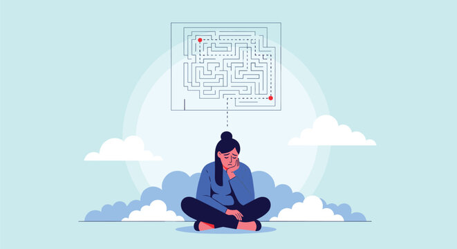 Thoughtful young woman sitting in a meditative pose with a complex maze thought bubble representing confusion or mental health.