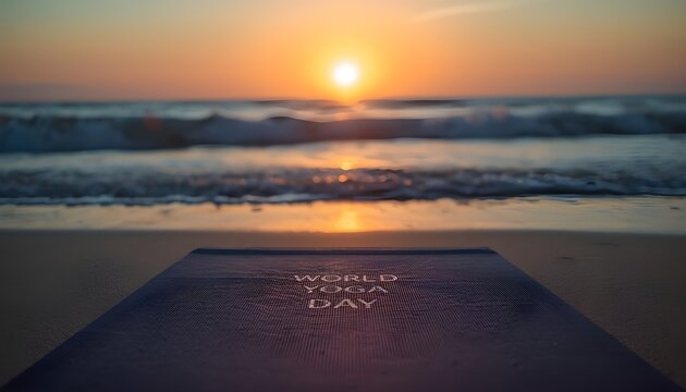 A yoga mat on a serene beach at sunset with a stunning ocean view