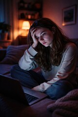 Obraz premium Young woman sitting on sofa at night looking at laptop feeling anxious and overwhelmed. Concept of information overload, digital anxiety, online stress, remote work fatigue, and mental pressure.