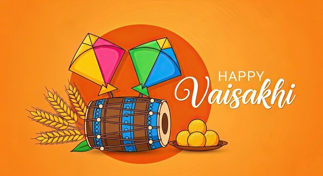 Happy vaisakhi vibrant celebration with kites dhol wheat sweets festive greetings