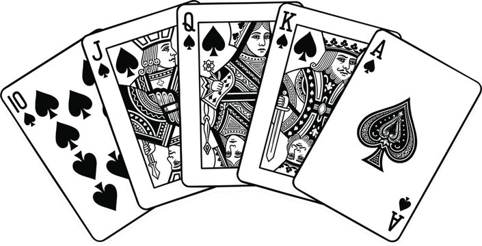 Royal Flush Playing Cards Silhouette Set Featuring Ace King Queen Jack and Ten of Spades for Casino Gambling and Poker Concepts