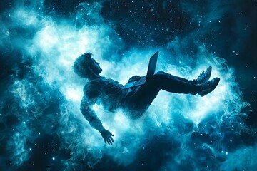 Fototapeta premium This imaginative artwork features a young man floating amidst vibrant cosmic lights, representing the limitless imagination and creative potential of the human experience in an artistic style.