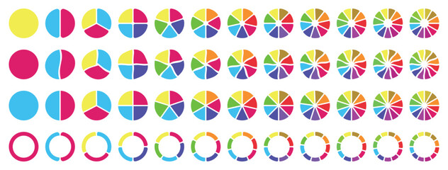 Obraz premium Pie chart set. Colorful diagram collection with 1,2,3,4,5,6,7,8,9,10,11,12 sections or steps. Circle icons for infographic, UI, web design, business presentation. Vector illustration.