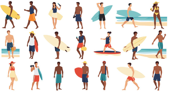 Large set of diverse male and female surfer characters in various poses holding surfboards on a sunny tropical beach.
