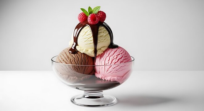 A towering glass of strawberry vanilla and chocolate ice cream with fresh raspberries