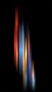 Abstract vertical light streaks in vibrant orange and blue with glowing particles on a black background for modern digital technology and energy concepts