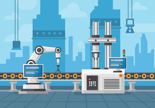Robotic arms assemble products on a factory production line with industrial machinery and a cityscape in the background