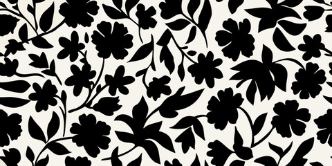 Black and white floral pattern with abstract leaves and stems © Gita