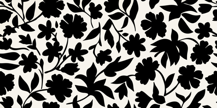 Black and white floral pattern with abstract leaves and stems