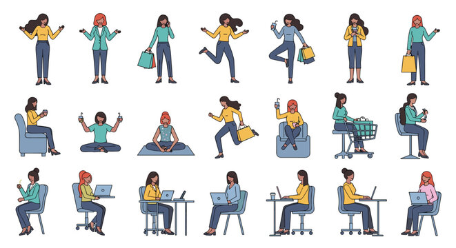Collection of female characters engaging in various daily activities like working on laptops, shopping, and practicing yoga.