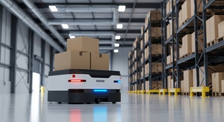 Naklejka premium A robot transports cardboard boxes through a large warehouse with shelving units