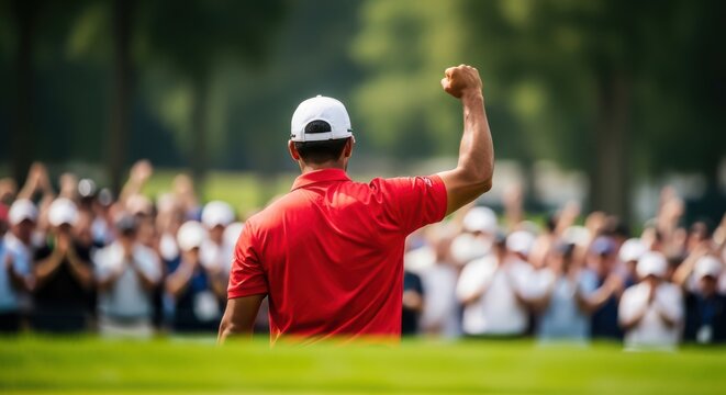 A triumphant golfer celebrates with a raised fist on a lush green course surrounded by a cheering crowd