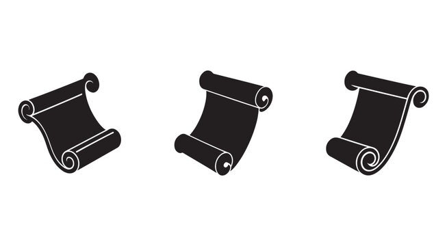 Set of three black scrolls with curled ends in different positions  isolated on white background