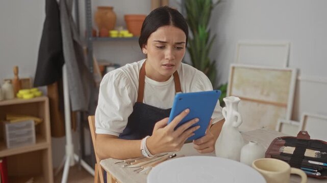 Young woman potter in apron holding a blue tablet, hand pressed to forehead indicating headache amid clay tools and unfinished vase in studio; creative frustration.