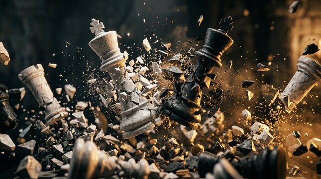 powerful cinematic shot capturing the moment two opposing chess kings shatter upon impact, symbolizing a fierce conflict, a final showdown, or the collapse of two empires.