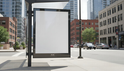 Fototapeta premium Blank billboard on a bus stop in a city during the day