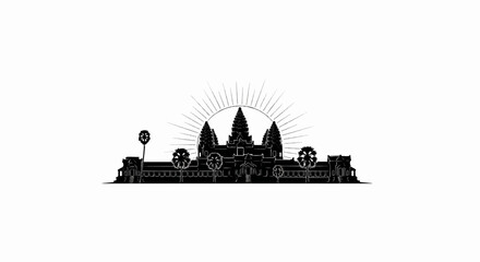 Fototapeta premium Stylized silhouette of a temple complex with radiating sun rays above