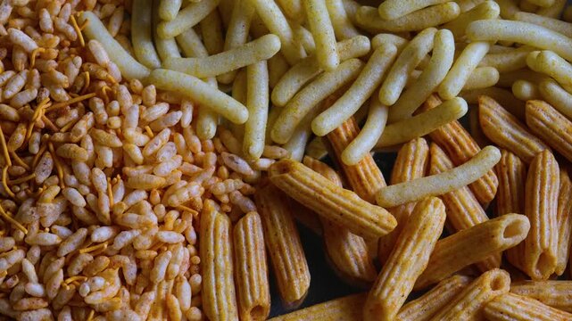 Variety of Spiced Indian Snacks on a Metal Tray