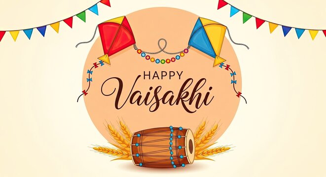 Happy Vaisakhi Celebration Banner with Dhol Drum and Colorful Bunting