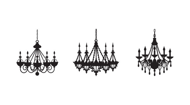 Set of three elegant hanging chandeliers with intricate designs and multiple light holders in classic stylish silhouettes