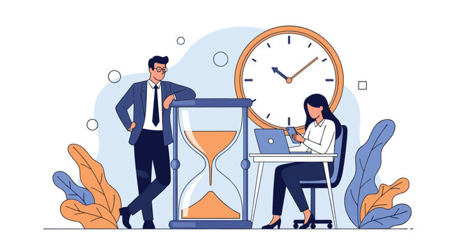 Business professionals working efficiently with a giant hourglass and clock representing time management and deadline goals.