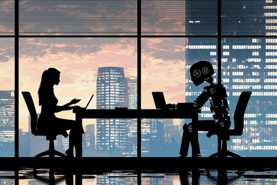 A captivating silhouette of a human and a robot facing each other at a desk, highlighting the blending of technology and human interaction in a modern, collaborative workspace.