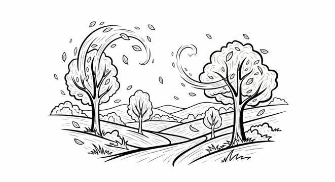 Stylized trees with swirling branches and falling leaves in a hilly landscape