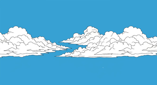 Stylized white clouds drift across a vibrant blue sky
