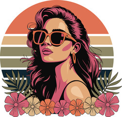 Retro Woman Wearing Sunglasses With Tropical Leaves And Flowers