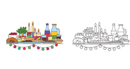 Naklejka premium Festive Holiday Dinner Table with Roast Turkey, Bread, Drinks, and Candles; Color and Line Art Illustration Set for Coloring Book, Party Celebration, and Seasonal Greeting Card Decoration.