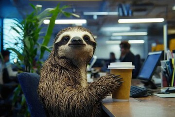 Naklejka premium A playful sloth sits confidently at a desk, holding a coffee cup, combining the essence of charm and productivity, some light-hearted humor in a busy office space.
