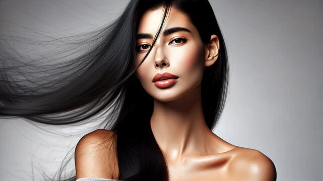 Video of young woman with long shiny black hair flowing in motion, elegant beauty portrait in studio setting