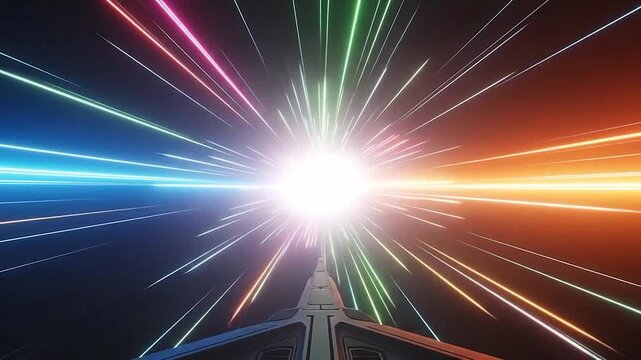 Abstract visualization of light speed travel through a colorful cosmic tunnel