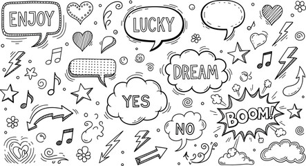 Hand drawn doodle speech bubbles set vector illustration featuring words enjoy lucky dream yes no boom with comic elements © Lunavera art
