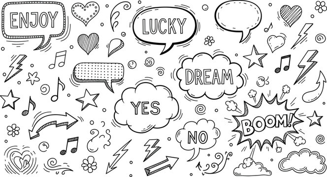 Hand drawn doodle speech bubbles set vector illustration featuring words enjoy lucky dream yes no boom with comic elements