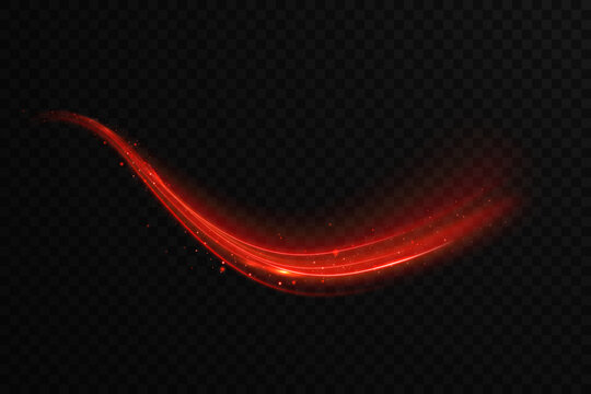 Semicircular red wave and light vortex wake. Abstract red light lines of movement and speed. Neon glow flare and shiny red speed lines effect vector PNG on transparent background.