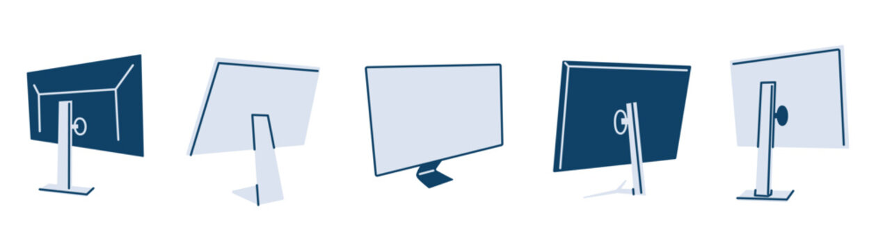 PC monitor icon set, minimalist vector illustration of computer screens in various angles. Desktop display clipart collection, flat cartoon office and tech equipment icons, isolated colored clipart