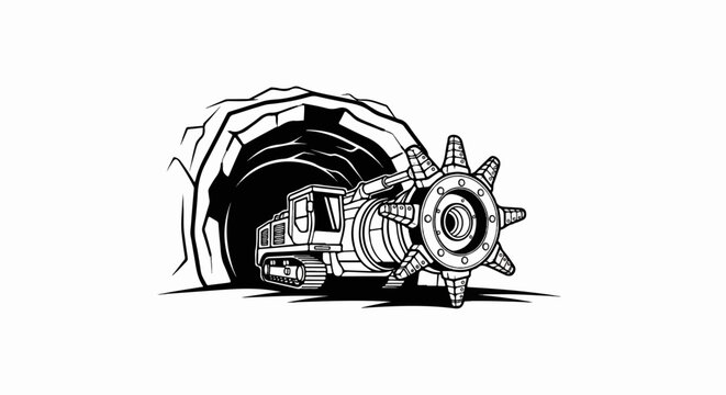 Tunnel boring machine with rotary cutter advances through rock