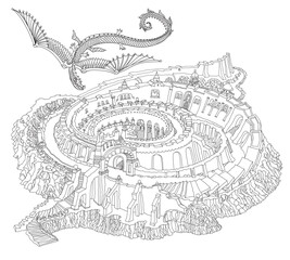 Obraz premium Black and white fantasy landscape, medieval castle and flying dragon. Adults and children Coloring Book page